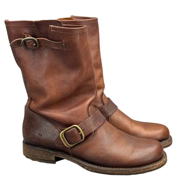 Frye Veronica Short Brown Leather Side Buckle Pull On Western Boot Women 8 - Picture 1 of 9